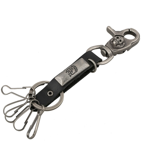 Vintage Genuine Cowhide Leather Keychain Skull Alloy Punk Rock Key Ring Holder For Men Waist Hanging Ornament Accessoires