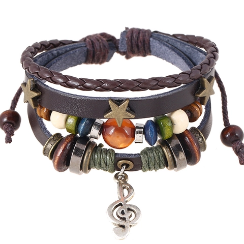 Vintage Multi-layer Leather Braided Bracelet For Men Women Musical Treble Clef Pendant Star Charm Beaded Punk Wristband Jewelry