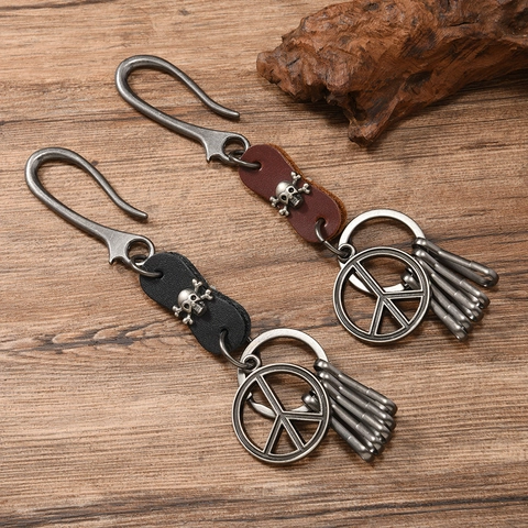 Retro Punk Cowhide Leather Keychain Alloy Skull Peace Sign U-Hook Waist Hanging Key Ring For Men Women Accessories