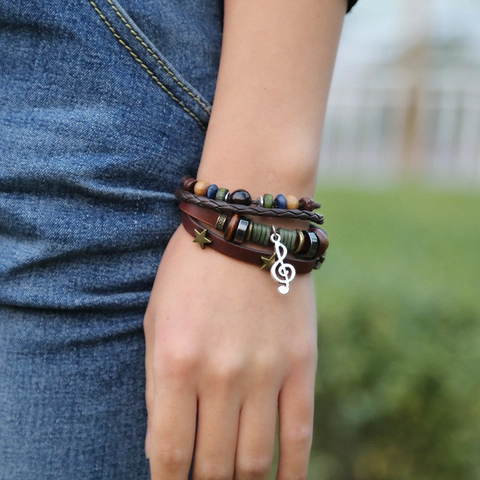 Vintage Multi-layer Leather Braided Bracelet For Men Women Musical Treble Clef Pendant Star Charm Beaded Punk Wristband Jewelry