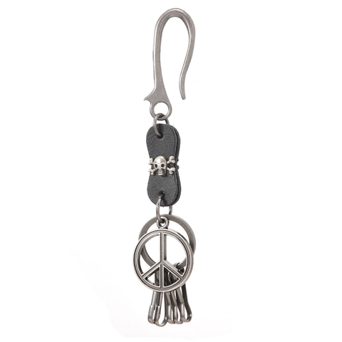 Retro Punk Cowhide Leather Keychain Alloy Skull Peace Sign U-Hook Waist Hanging Key Ring For Men Women Accessories