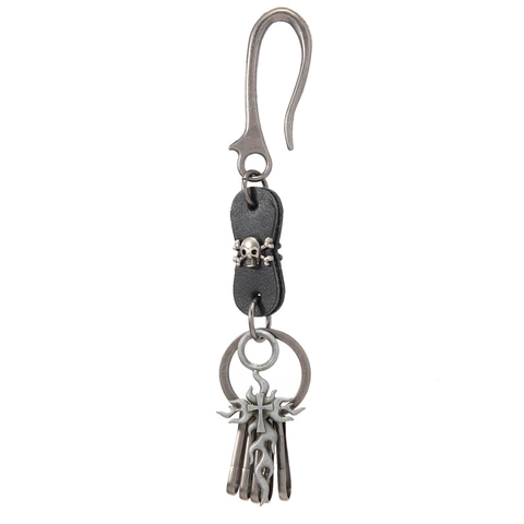 Retro Punk Heavy Metal U-Hook Keychain Cowhide Genuine Leather Skull Flame Cross Pendant Keychain For Men Women Waist Decor
