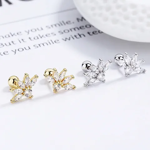 925 Sterling Silver Marquise Rhinestone Flower Stud Earrings For Women Niche Design Screw Back Bone Stud Fashion Jewelry