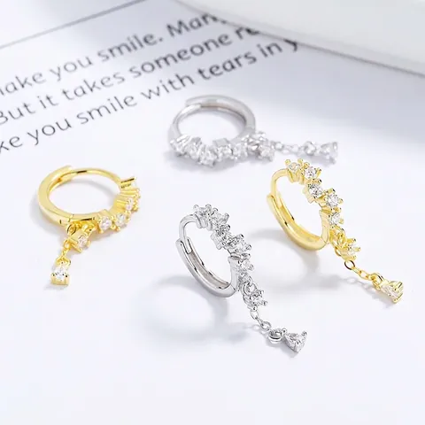 925 Sterling Silver Water Drop Tassel Hoop Earrings Elegant Rhinestone Dangle Earrings For Women Minimalist Jewelry