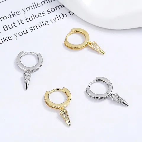 925 Sterling Silver Cone Drop Huggie Earrings Minimalist Geometric Rhinestone Inlaid Hoop Earrings For Women Fashion Jewelry
