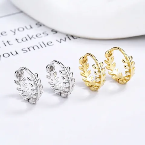 Pendientes de Aro de Plata de Ley 925 con Hoja Pendientes Huggie Botánicos Simples para Mujer Joyería Diaria