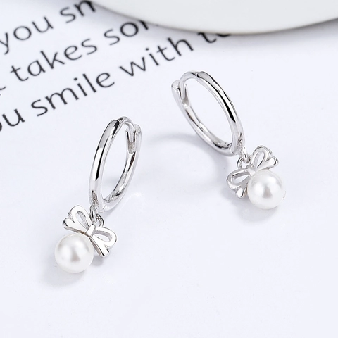 Orecchini a Cerchio in Argento Sterling 925 con Perla Artificiale e Fiocco per Donna Minimalisti Placcati Oro Argento Gioielli
