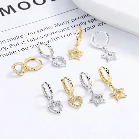 925 Sterling Zilveren Hart Ster Creolen Voor Vrouwen Elegante Strass Micro Pave Huggie Oorbellen Mode Sieraden