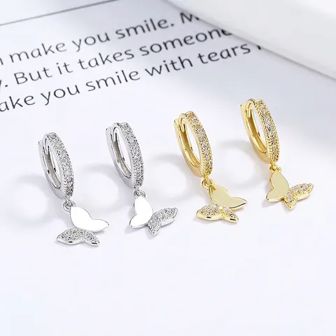 Orecchini a Cerchio Huggie a Farfalla in Argento Sterling 925 per Donna Placcati in Oro Argento con Strass Intarsiati Gioielli
