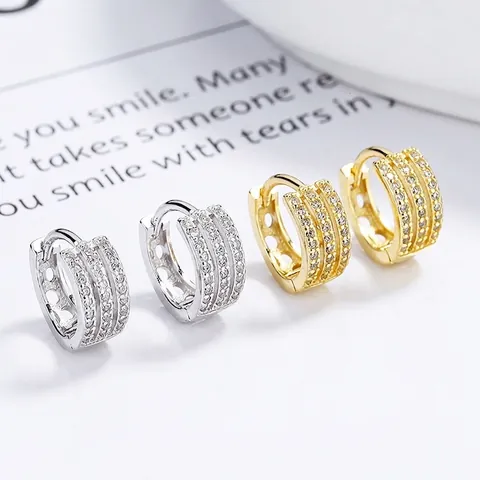Orecchini a Cerchio in Argento Sterling 925 con Tre File di Strass per Donna Gioielli per Orecchie Huggie Geometrici