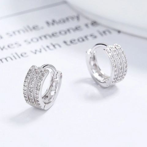 Orecchini a Cerchio in Argento Sterling 925 con Tre File di Strass per Donna Gioielli per Orecchie Huggie Geometrici
