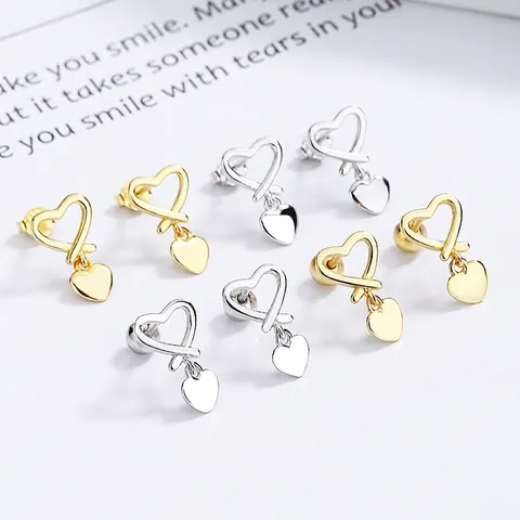 925 Sterlingsilber Herz Ohrstecker Für Damen Hohle Ineinander Greifende Doppelherzen Hängende Ohrringe Gold Silber Minimalistischer Schmuck