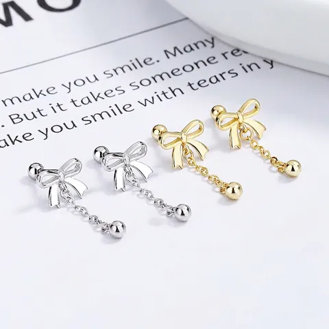 925 Sterling Silver Bowknot Tassel Stud Earrings Rhinestone Dangle Bead Screw Back Earrings For Women Elegant Jewelry Gift