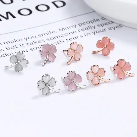 925 Sterling Silver Four Leaf Clover Stud Earrings For Women Cute Heart Cat Eye Stone Rhinestone Screw Back Earrings Hypoallergenic Jewelry Gift