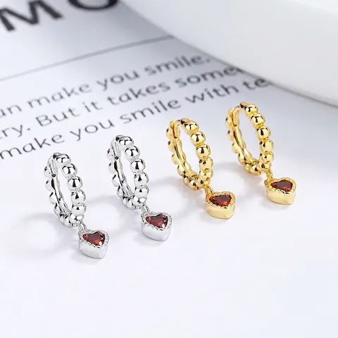 Orecchini a Cerchio con Pendente a Cuore in Argento Sterling 925 per Donna Orecchini a Pendente con Strass Rossi Gioielli Semplici