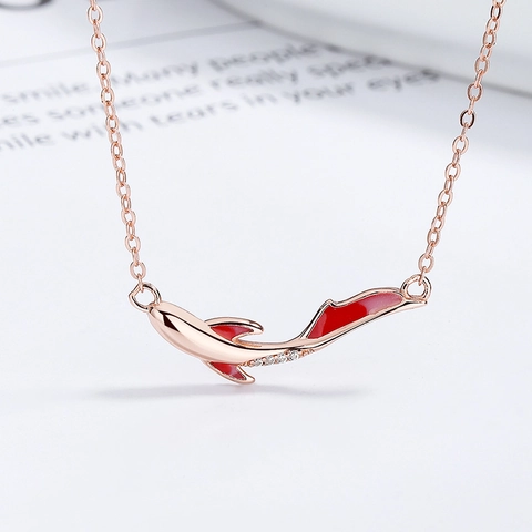 Collana Con Ciondolo Pesce Koi Portafortuna in Argento Sterling 925 Con Smalto Rosso e Strass per Donna Regalo di San Valentino