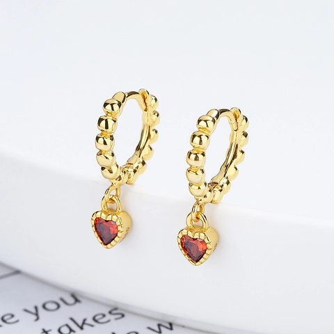 Orecchini a Cerchio con Pendente a Cuore in Argento Sterling 925 per Donna Orecchini a Pendente con Strass Rossi Gioielli Semplici