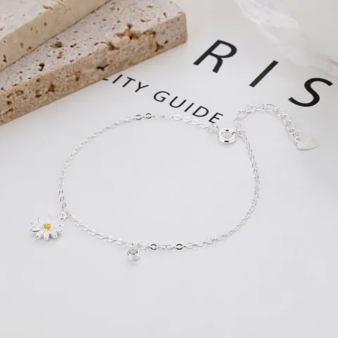 Pulsera de Margarita de Plata de Ley 925 Para Mujer Minimalista Dije de Flor con Diamantes de Imitación Cadena Ajustable Joyería Regalo San Valentín