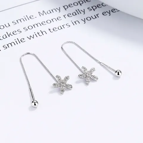 925 Sterling Silver Flower Tassel Drop Earrings For Women Elegant Rhinestone Inlaid Long Chain Threader Earrings Simple Jewelry Gift