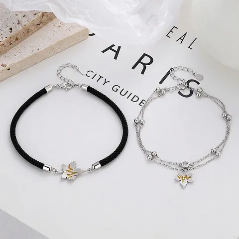 Bracelets de Couple en Argent Sterling 925 Pendentif Feuille Pulsation Cardiaque Corde Tressée Chaîne Double Couche Bijoux Cadeau