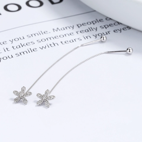 925 Sterling Silver Flower Tassel Drop Earrings For Women Elegant Rhinestone Inlaid Long Chain Threader Earrings Simple Jewelry Gift