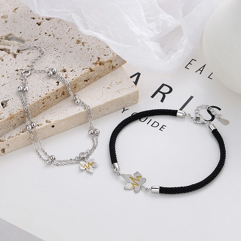 Bracelets de Couple en Argent Sterling 925 Pendentif Feuille Pulsation Cardiaque Corde Tressée Chaîne Double Couche Bijoux Cadeau