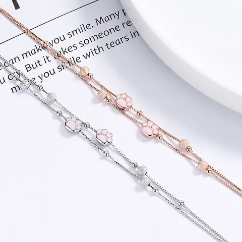Pulsera de Plata de Ley 925 con Pata de Gato de Esmalte Rosa para Mujer Dulces Cuentas Mate Cadena de Caja de Doble Capa Joyería Regalo
