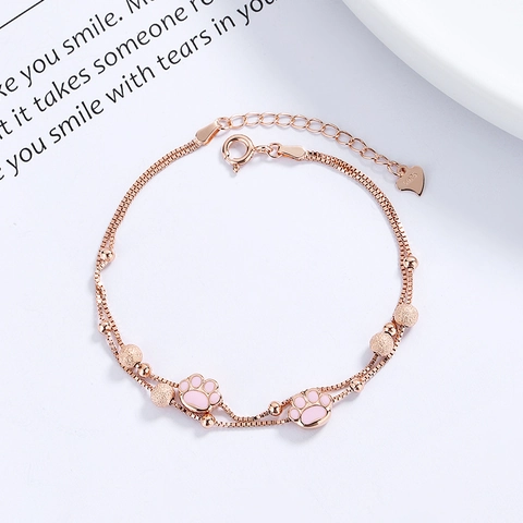 Pulsera de Plata de Ley 925 con Pata de Gato de Esmalte Rosa para Mujer Dulces Cuentas Mate Cadena de Caja de Doble Capa Joyería Regalo