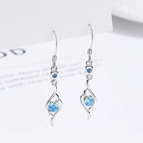 925 Sterling Silver Blue Rhinestone Drop Earrings For Women Minimalist Wave Design Light Luxury Elegant Fashion Jewelry Earring Accessories