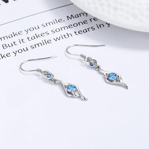 925 Sterling Silver Blue Rhinestone Drop Earrings For Women Minimalist Wave Design Light Luxury Elegant Fashion Jewelry Earring Accessories