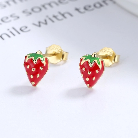 Boucles d'Oreilles Clous Fraise Rouge Avec Tige en Argent Sterling 925 Émail Fruit Étoile Boucles d'Oreilles pour Femmes Bijoux Doux Cadeau
