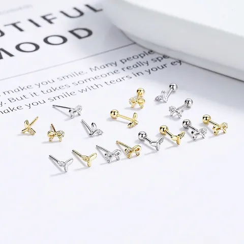 925 Sterling Zilver Strik Vissenstaart Oorknopjes Voor Vrouwen Minimalistisch Strass Ingelegde Schroefsluiting Oorpiercing Sieraden