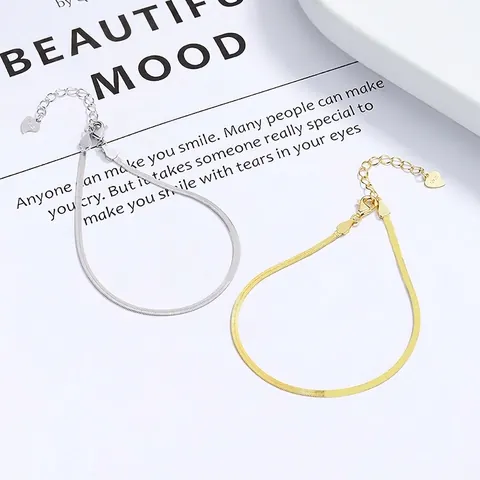 925 Sterling Silver Flat Snake Chain Bracelet For Women Minimalist Herringbone Chain Bracelet Gold Silver Plated Elegant Jewelry