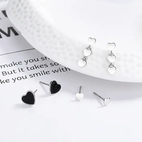 925 Sterlingsilber Herz Ohrstecker Für Damen Minimalistische Schwarze Emaille Herz Drei Verbundene Herz Hänger Ohrringe