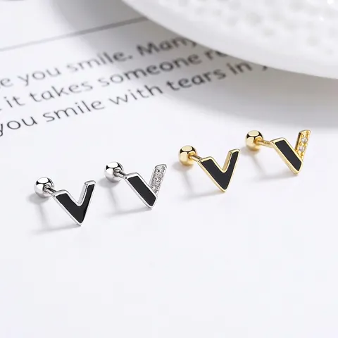 Pendientes de Botón Minimalistas de Plata de Ley 925 en Forma de V Para Mujer Chapados en Platino Esmalte Joyería