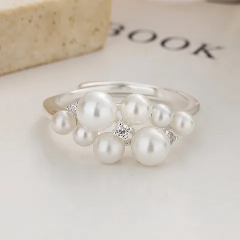 925 Sterling Silver Pearl Cluster Open Ring For Women Elegant Zirconia Adjustable Finger Ring Fashion Jewelry Anniversary Gift