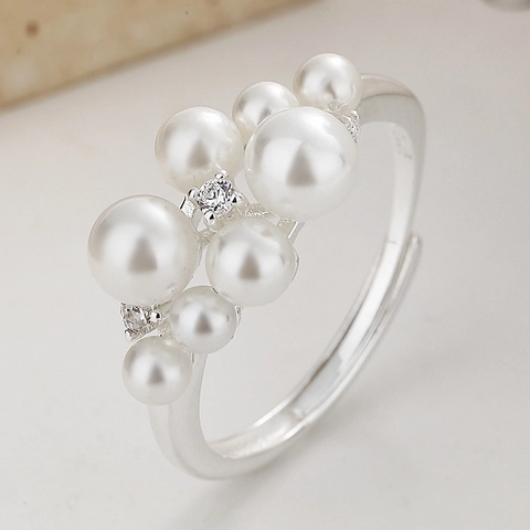 925 Sterling Silver Pearl Cluster Open Ring For Women Elegant Zirconia Adjustable Finger Ring Fashion Jewelry Anniversary Gift