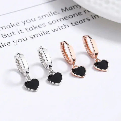 Orecchini a Cerchio in Argento Sterling 925 con Cuore Nero da Donna Minimalisti in Smalto Orecchini Pendenti Gioielli Regalo
