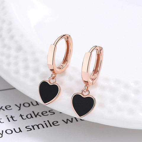 Orecchini a Cerchio in Argento Sterling 925 con Cuore Nero da Donna Minimalisti in Smalto Orecchini Pendenti Gioielli Regalo