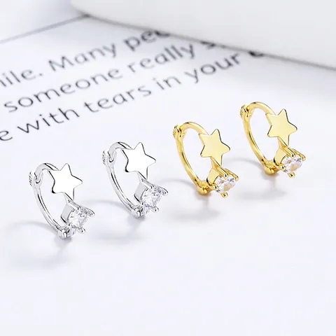 Pendientes de Aro de Estrella Circonia de Plata de Ley 925 para Mujeres Moda Minimalista Pequeños Pendientes Huggie Joyería de Platino Oro Chapado