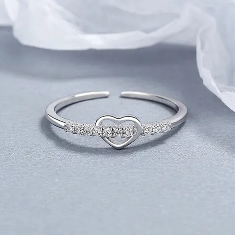 Anello Aperto a Cuore in Argento Sterling 925 Regolabile per Donna Design Minimalista Gioielli in Argento S925 con Strass