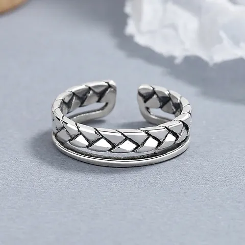 Vintage 925 Sterling Silver Double Layer Braided Twist Ring For Women Thai Silver Oxidized Adjustable Open Band Jewelry