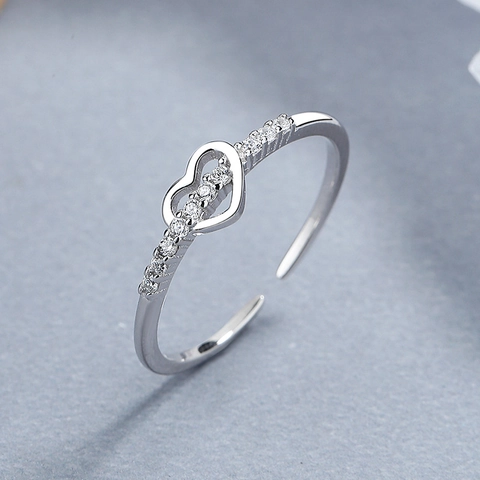 Anello Aperto a Cuore in Argento Sterling 925 Regolabile per Donna Design Minimalista Gioielli in Argento S925 con Strass
