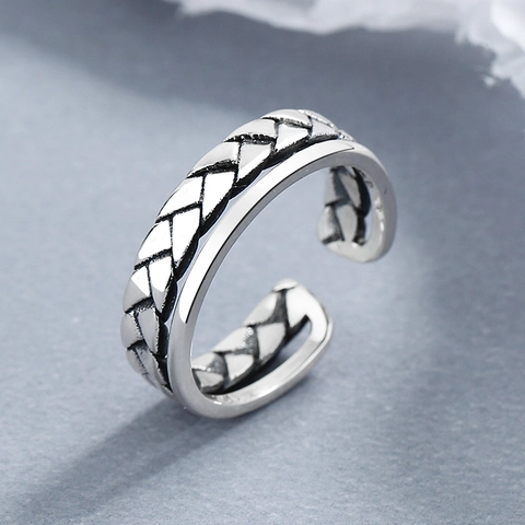 Vintage 925 Sterling Silver Double Layer Braided Twist Ring For Women Thai Silver Oxidized Adjustable Open Band Jewelry