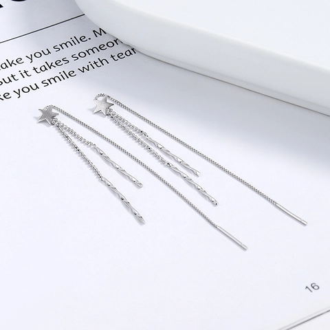 925 Sterling Silver Star Tassel Ear Threads For Women Elegant Long Chain Five-Pointed Star Drop Earrings Simple Fashion Jewelry