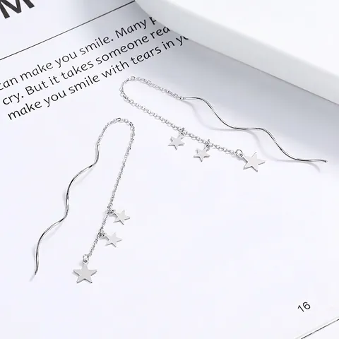 925 Sterling Silver Star Tassel Ear Threads Long Wave Line Five-Pointed Star Drop Earrings For Women Elegant Jewelry Gift