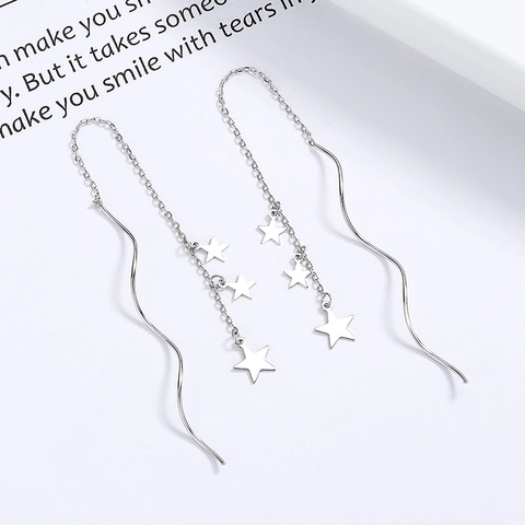 925 Sterling Silver Star Tassel Ear Threads Long Wave Line Five-Pointed Star Drop Earrings For Women Elegant Jewelry Gift