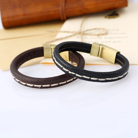 Punk Vintage Genuine Cowhide Leather Bracelet For Men Minimalist Alloy Magnet Buckle Handmade Stitching Wristband Black Brown Fashion Jewelry