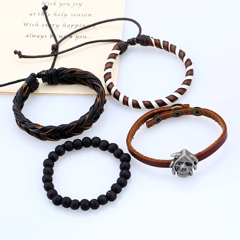 Retro Punk Herren Mehrlagiges Rindsleder Armband Set Gewebte Kordel Sensenmann Totenkopf Anhänger Metall Verstellbares Armband