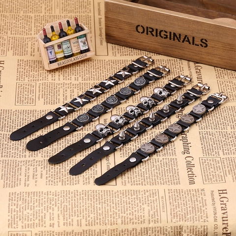 Vintage Punk Genuine Cowhide Leather Bracelet With Alloy Star Rivets Adjustable Rock Biker Unisex Wristband Fashion Jewelry